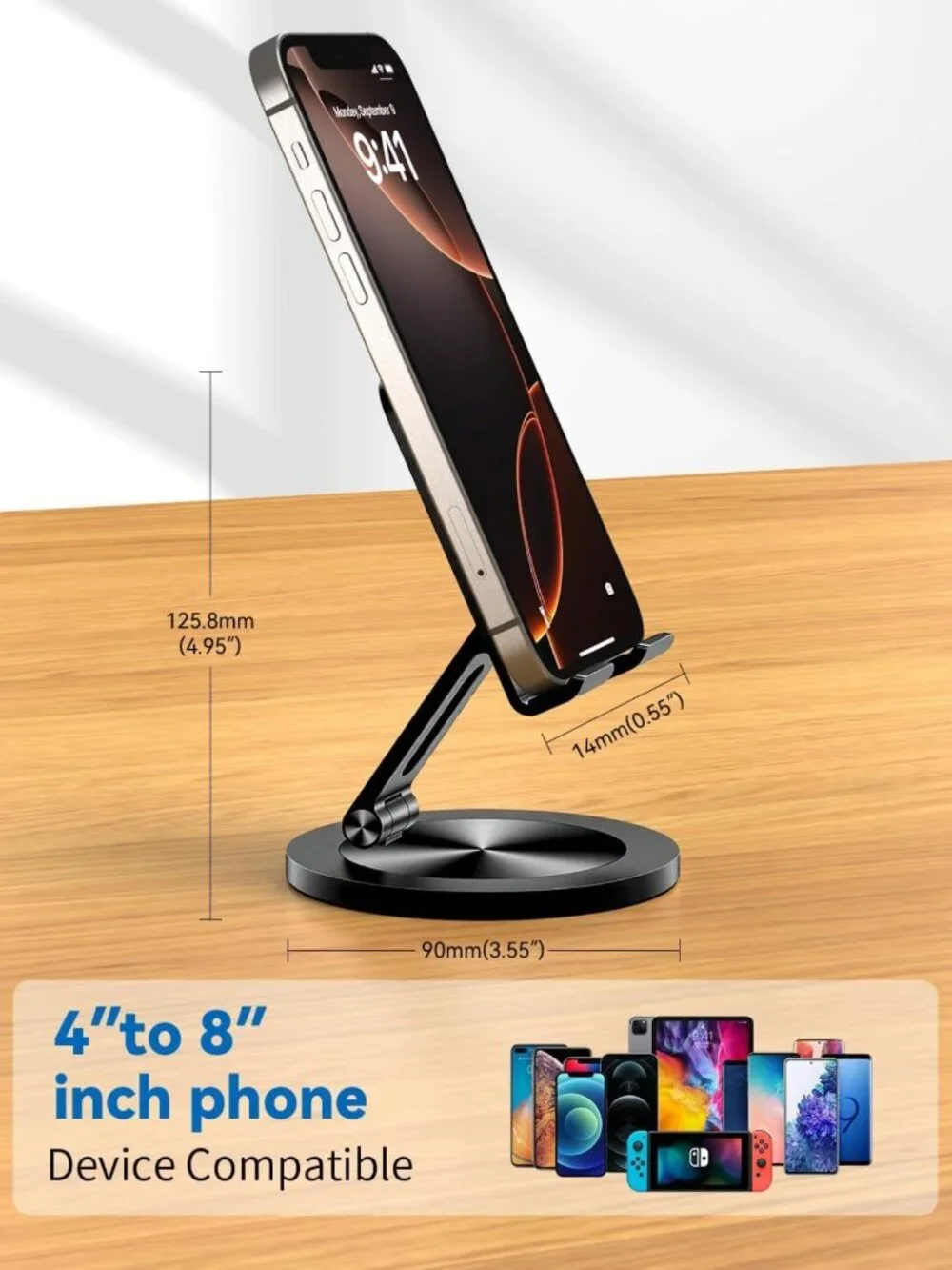 Adjustable 360° Rotating Phone Stand, Foldable Cell Holder for Home Office